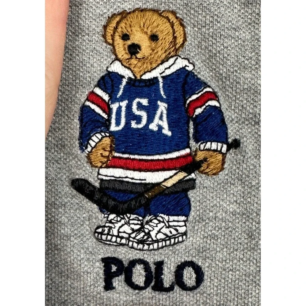 Polo Ralph Lauren Polo Shirt Mens XL Grey Polo Bear USA Hockey Custom Slim Fit
